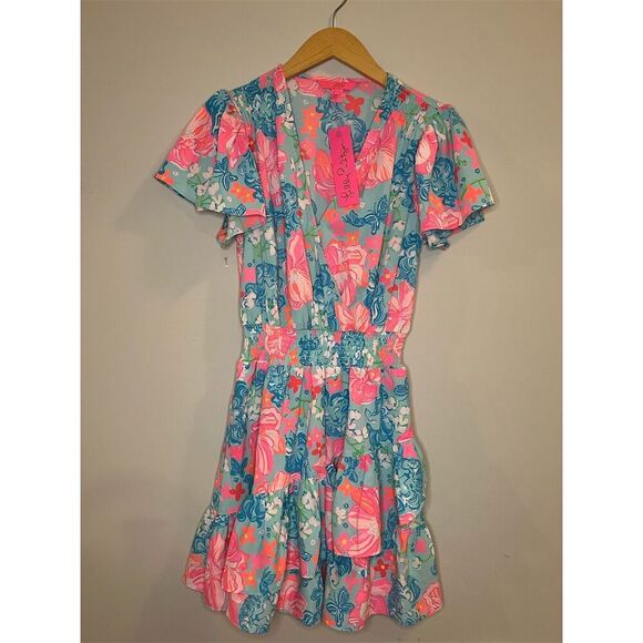 NWT Lilly Pulitzer Maryanne Flutter Sleeve Dress Size 0 Surf Blue Luscious Lions - Picture 4 of 11